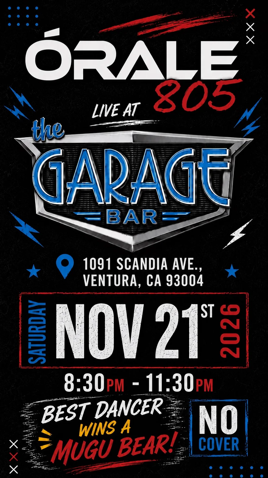 Órale 805 live at The Garage Bar, Saturday November 21, 2026, show flyer